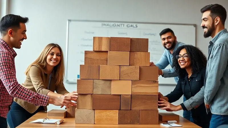 A photorealistic image of a diverse business team collaboratively building a sturdy financial structure made of interlocking blocks, symbolizing collective effort in building liquidity resilience. They are smiling and engaged, with a whiteboard in the background showing strategic financial goals. Professional photography, 8K, cinematic lighting, sharp focus, depth of field, shot on a high-end DSLR.