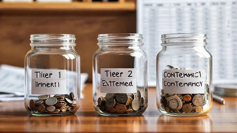 A photorealistic image showing three distinct, clear glass jars of varying sizes, each labeled 'Tier 1: Immediate', 'Tier 2: Extended Buffer', and 'Tier 3: Contingency', filled with coins and bills. The jars are arranged on a polished wooden desk, with soft, warm cinematic lighting, sharp focus on the jars, depth of field blurring a financial spreadsheet in the background, 8K hyper-detailed, professional photography.