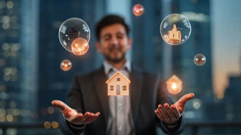 A photorealistic image showing a person juggling multiple glowing orbs, each representing a different income stream (e.g., a laptop for freelance, a small house for rental, a book for royalties). The background is a slightly blurred cityscape, suggesting professional life. Cinematic lighting, sharp focus on the juggling, depth of field blurring the background, 8K hyper-detailed, professional photography, conveying balance and multi-tasking.