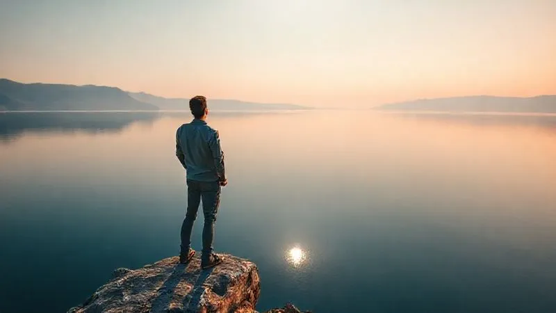 A photorealistic image of a person standing confidently at the edge of a vast, calm lake reflecting a clear sky, symbolizing financial peace and stability. The person is looking towards a distant horizon, embodying a secure future. Cinematic lighting, sharp focus on the person, depth of field blurring the distant mountains, 8K hyper-detailed, professional photography, conveying hope and achievement.
