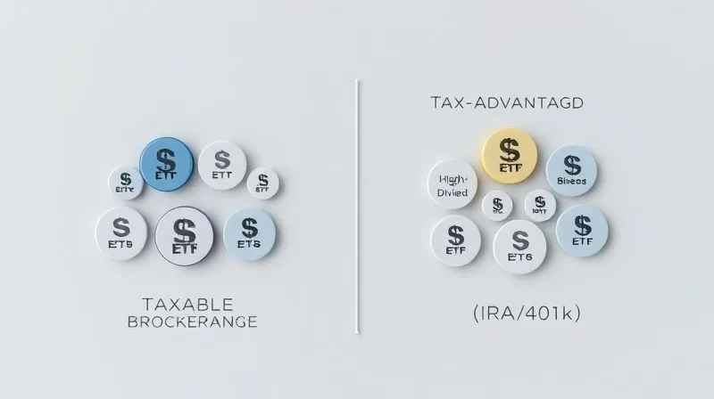 A photorealistic diagram showing two distinct investment accounts, one labeled 'Taxable Brokerage' and the other 'Tax-Advantaged (IRA/401k)', with different types of ETF icons (e.g., bond ETF, high-dividend ETF, broad-market equity ETF) strategically placed within each account to demonstrate optimal asset location for tax efficiency, professional and clear graphics, cinematic lighting, sharp focus, depth of field, 8K hyper-detailed, professional photography, shot on a high-end DSLR.