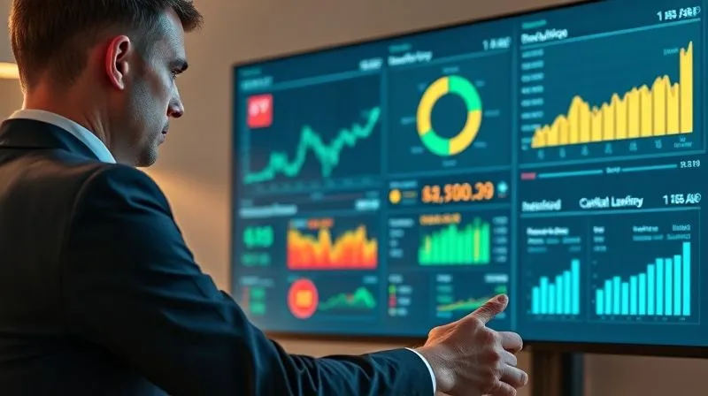 A photorealistic image of a financial advisor and a client reviewing a digital dashboard on a large monitor, displaying various financial metrics including portfolio growth, tax liabilities, and projected capital gains, with a focused and professional atmosphere, cinematic lighting, sharp focus on the screen and faces, depth of field, 8K hyper-detailed, professional photography, shot on a high-end DSLR.