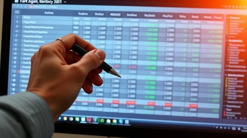 A photorealistic image of a detailed financial spreadsheet on a computer monitor, showing columns for electricity costs, hash rates, coin prices, and profit margins. A hand is holding a pen, poised to make an adjustment. Cinematic lighting, 8K, sharp focus on the data, depth of field.