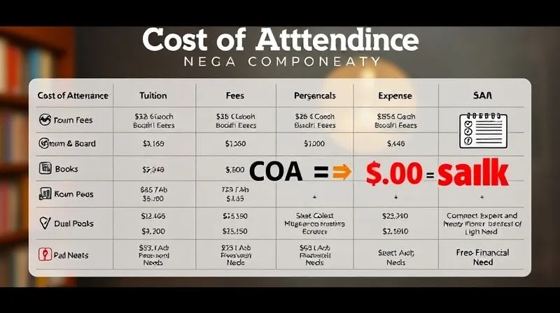 A photorealistic infographic showing a breakdown of college Cost of Attendance (COA) components like tuition, fees, room & board, books, and personal expenses, with a clear equation COA - SAI = Financial Need. Professional photography, 8K, cinematic lighting, sharp focus, depth of field, shot on a high-end DSLR.