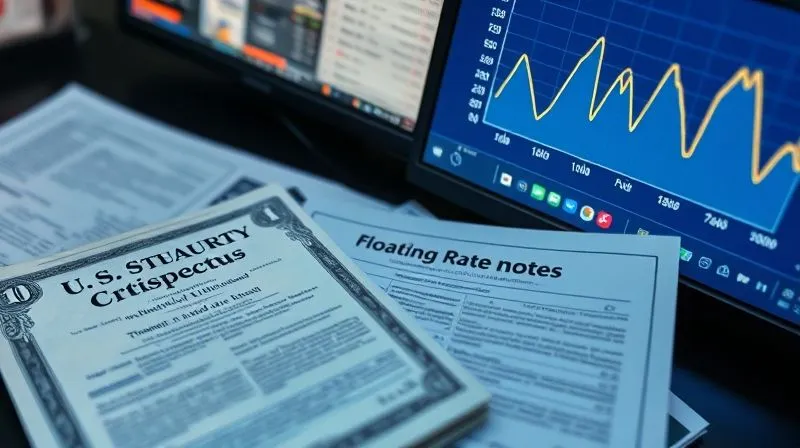 A photorealistic close-up of various financial documents and screens displaying different types of fixed-income assets: a U.S. Treasury bond certificate, a corporate bond prospectus, and a screen showing a floating-rate note's yield curve. The composition emphasizes diversity and strategic choice. Professional photography, 8K, cinematic lighting, sharp focus, depth of field.
