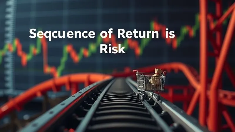 photorealistic, professional photography, 8K, cinematic lighting, sharp focus, depth of field, shot on a high-end DSLR. A graphic depicting a rollercoaster track with a sharp dip at the beginning, labeled 'Sequence of Returns Risk'. A small cart with a money bag is at the bottom of the dip, emphasizing the danger. The background is a blurred financial market chart, conveying volatility. The overall image is dynamic and slightly dramatic.