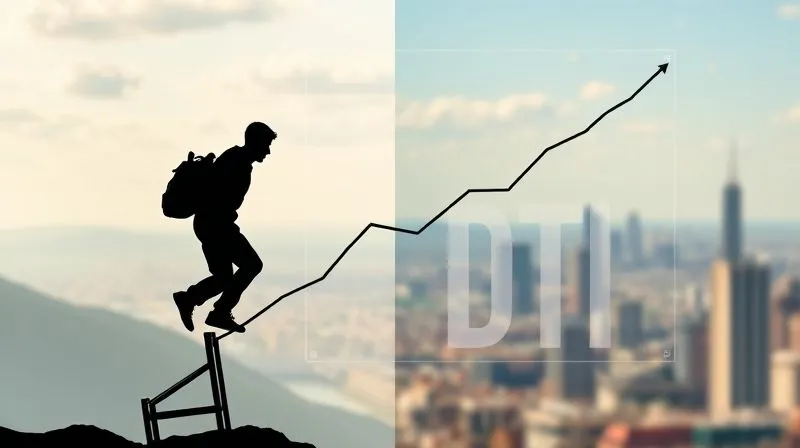 A photorealistic infographic showing a person's silhouette climbing a career ladder, with a large, transparent overlay of a descending line graph representing a healthy Debt-to-Income (DTI) ratio. On one side, financial documents are organized, and on the other, a cityscape with opportunities. Professional photography, 8K, cinematic lighting, sharp focus on the infographic, depth of field blurring the background, shot on a high-end DSLR.
