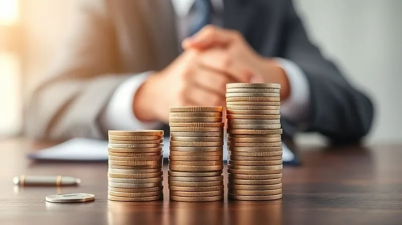 A photorealistic image showing a stack of coins rapidly growing, symbolizing accelerated student loan payments, with a blurred background of a person confidently signing a contract or shaking hands, representing career advancement. Professional photography, 8K, cinematic lighting, sharp focus on the coins, depth of field blurring the background, shot on a high-end DSLR.