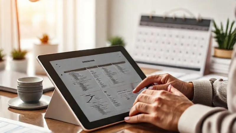 A photorealistic image of a person meticulously organizing digital financial documents on a tablet, surrounded by a clean, modern home office setup. A calendar is open in the background, highlighting quarterly tax deadlines. Cinematic lighting, sharp focus on the tablet, depth of field blurring the background, 8K hyper-detailed, professional photography, conveying organization and foresight.