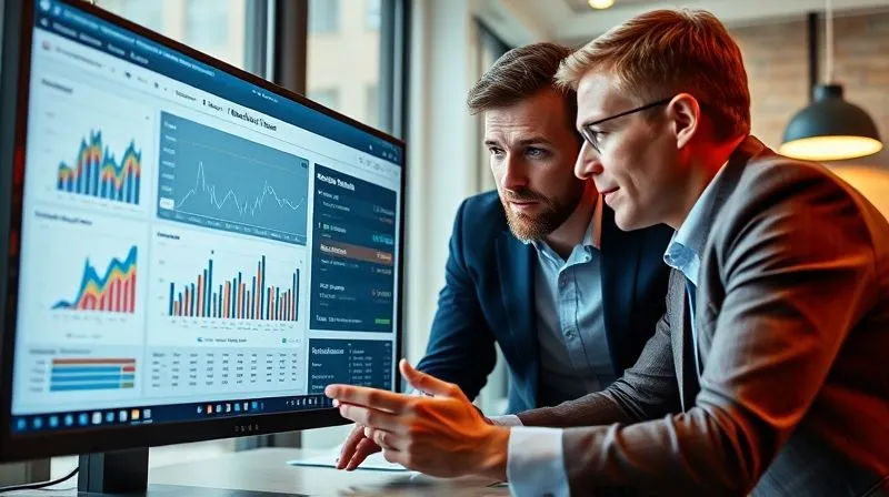 A photorealistic image of a real estate agent and a client collaboratively reviewing market data on a large screen, both leaning in with focused expressions, a sense of shared understanding and trust, professional office setting, cinematic lighting, sharp focus on their faces and the screen, depth of field, 8K hyper-detailed.
