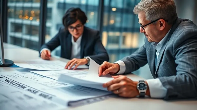 A photorealistic image of a real estate agent and an independent property appraiser reviewing documents together, a professional and collaborative atmosphere, blueprints and valuation reports spread on a desk, cinematic lighting, sharp focus on the documents, depth of field blurring a building exterior in the background, 8K hyper-detailed.