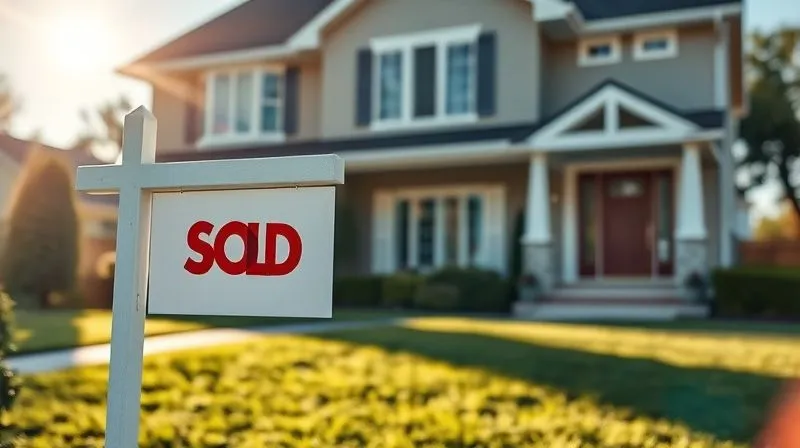 A photorealistic image of a successful 'Sold' sign planted firmly in front of a beautiful, well-maintained house, sunlight casting a warm glow, a subtle sense of client satisfaction and achievement in the background, professional photography, 8K, cinematic lighting, sharp focus, depth of field.