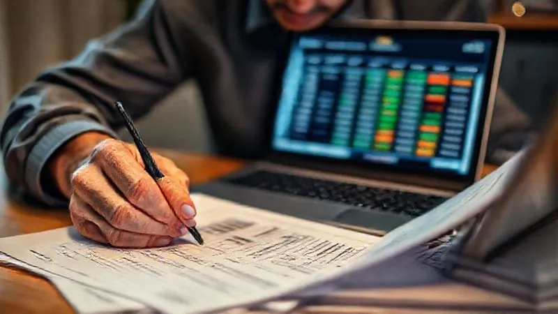 A close-up, photorealistic image of a person meticulously organizing financial documents and a laptop showing a budget spreadsheet, with a focused expression. Warm, professional lighting, 8K, sharp focus on the documents, depth of field, shot on a high-end DSLR.