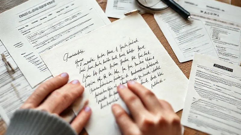 A photorealistic image of a hand writing a heartfelt letter on elegant stationery, surrounded by supporting medical bills and layoff notices, emphasizing empathy and struggle. Soft, natural light, 8K, sharp focus on the writing, depth of field, shot on a high-end DSLR.