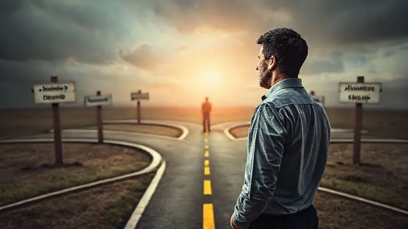 A photorealistic image of a person at a crossroads, with multiple paths diverging, each labeled metaphorically (e.g., "Lump Sum," "Payment Plan," "Professional Help"). The person is looking thoughtfully, symbolizing strategic decision-making. Cinematic lighting, 8K, sharp focus on the person, depth of field, shot on a high-end DSLR.