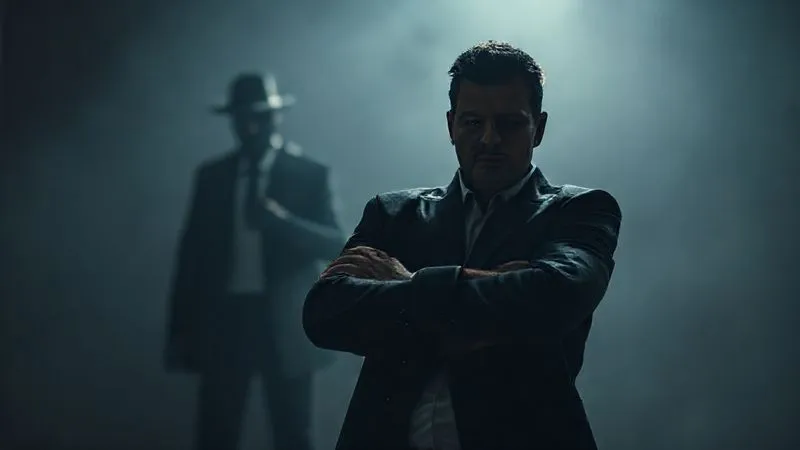 A dramatic, photorealistic image of a person standing firm, arms crossed, with a blurred, aggressive-looking silhouette of a debt collector in the background, symbolizing resilience and setting boundaries. Low-key cinematic lighting, 8K, sharp focus on the person, depth of field, shot on a high-end DSLR.