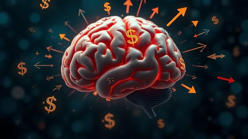A photorealistic image of a human brain with various abstract, chaotic financial symbols and arrows swirling around it, representing emotional biases. The brain is glowing faintly, suggesting internal struggle. Cinematic lighting, sharp focus, depth of field, 8K, professional photography.