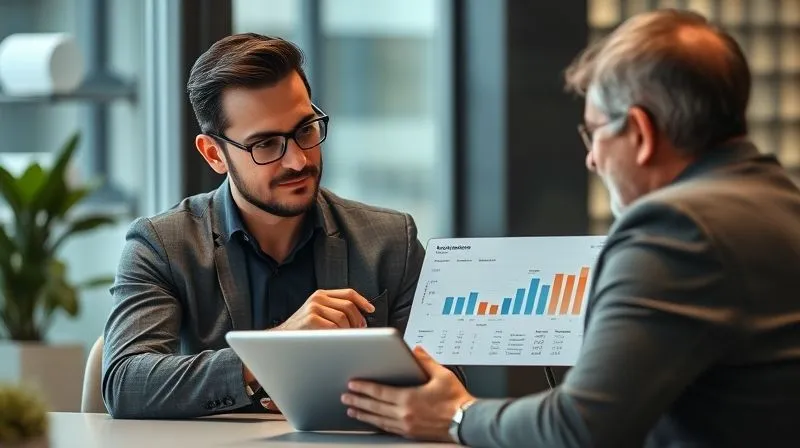 A photorealistic, professional photography, 8K, cinematic lighting, sharp focus, depth of field. Image of a financial advisor calmly discussing investment strategies with a client in a modern office, pointing to a tablet screen displaying a balanced portfolio. The client looks engaged and reassured. The scene evokes trust and professional guidance.