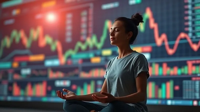 A photorealistic, professional photography, 8K, cinematic lighting, sharp focus, depth of field. Image of a serene person meditating amidst a backdrop of blurred, abstract financial charts and data, symbolizing mental clarity and control over market chaos. The lighting is soft and calming.
