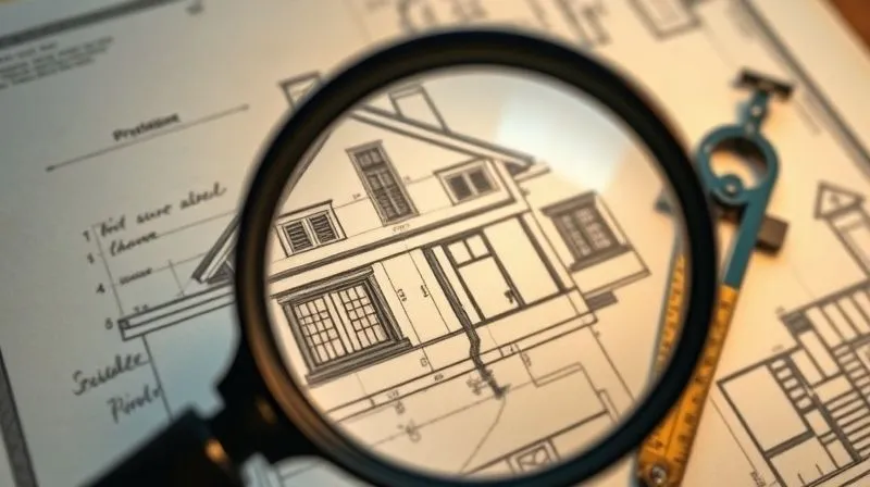 A photorealistic, professional photography shot of a detailed, faded blueprint or architectural drawing of an old house, with a magnifying glass hovering over a specific, intricate section. Cinematic lighting creates a sense of discovery and mystery, sharp focus on the blueprint, depth of field blurring a measuring tape and compass in the background. 8K hyper-detailed, shot on a high-end DSLR.