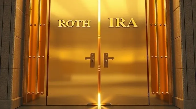 A photorealistic image of a golden gate with "Roth IRA" engraved on it, initially closed with an "Income Limit" sign, but a smaller, less obvious "Backdoor" entrance is visible and slightly ajar, bathed in a warm, inviting light. Professional photography, 8K, cinematic lighting, sharp focus, depth of field.