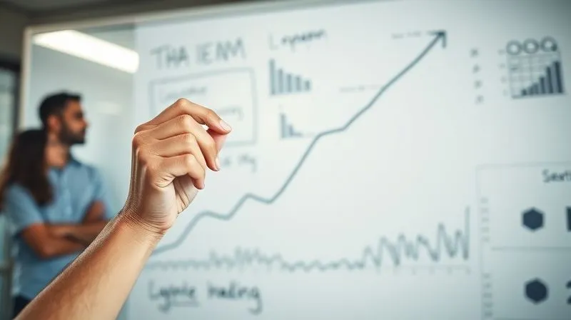 Photorealistic, professional photography, 8K, cinematic lighting, sharp focus, depth of field, shot on a high-end DSLR. A hand drawing a continuous, upward-trending line on a whiteboard filled with erased previous graphs, symbolizing iteration and continuous improvement. A diverse team is blurred in the background, engaged in discussion. The scene conveys ongoing adaptation and learning.