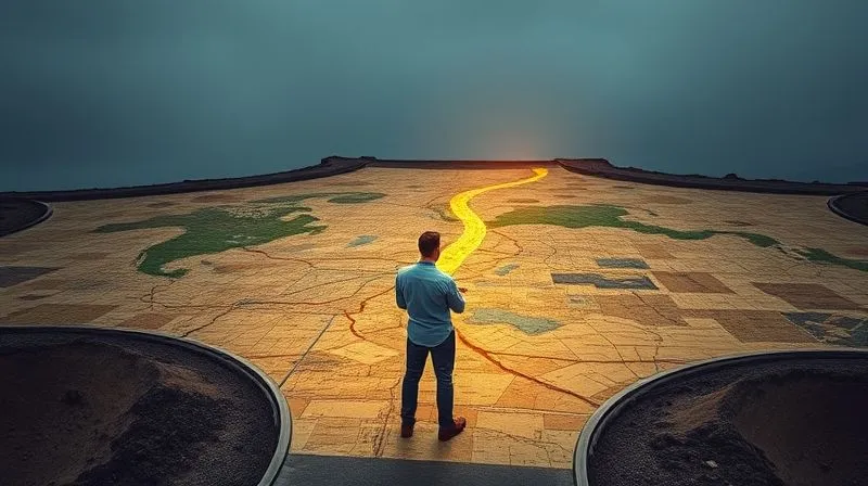 Photorealistic, professional photography, 8K, cinematic lighting, sharp focus, depth of field, shot on a high-end DSLR. A lone, determined entrepreneur standing at a crossroads, looking at a map with multiple paths, a faint but clear path forward illuminated. The scene evokes resilience, difficult decisions, and the courage to choose a new direction after setbacks.