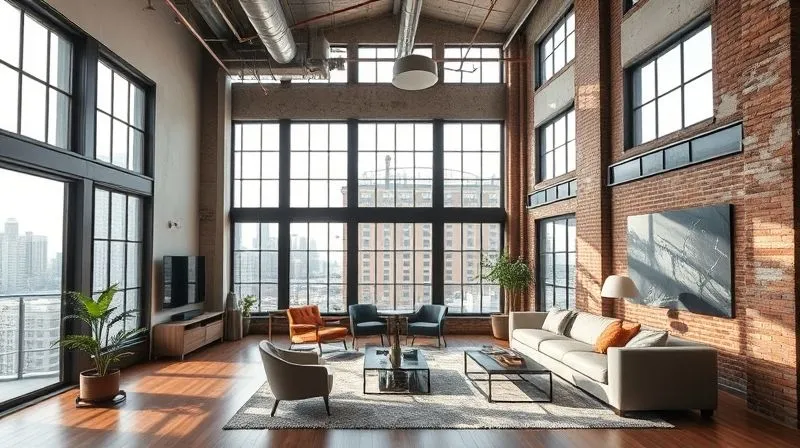 photorealistic, professional photography, 8K, cinematic lighting, sharp focus, depth of field, shot on a high-end DSLR, a modern, stylish apartment interior with large windows, showcasing elements of its previous life as an office building through exposed industrial features and high ceilings, symbolizing successful adaptive reuse in urban real estate.