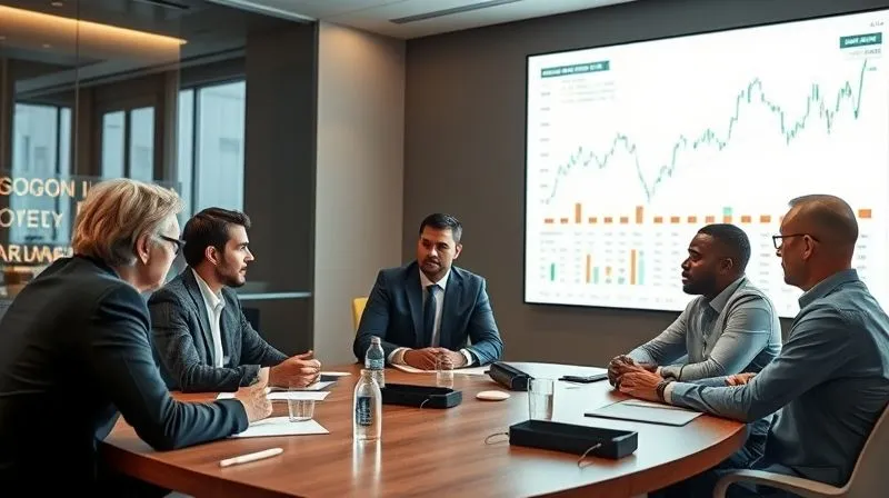 photorealistic, professional photography, 8K, cinematic lighting, sharp focus, depth of field, shot on a high-end DSLR, a diverse group of investors and a real estate developer engaged in a serious but constructive discussion around a modern conference table, a complex financial chart displayed on a large screen in the background, conveying transparency and strategic planning during challenging economic times.