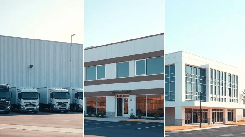 Photorealistic, professional photography, 8K, cinematic lighting, sharp focus, depth of field, shot on a high-end DSLR. A triptych showing three distinct property types: a modern industrial warehouse with trucks, a clean and well-maintained self-storage facility, and a contemporary medical office building, all under clear, bright daylight. The image conveys diversity and stability.