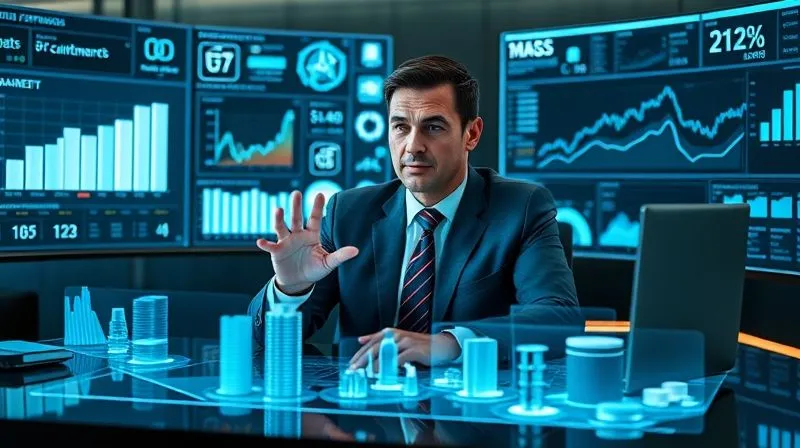 Photorealistic, professional photography, 8K, cinematic lighting, sharp focus, depth of field, shot on a high-end DSLR. A futuristic real estate investor seated at a desk, surrounded by multiple holographic screens displaying complex data visualizations: property performance metrics, market trend charts, and a 3D model of a city. The investor is interacting with the data using hand gestures, conveying advanced data-driven decision-making.
