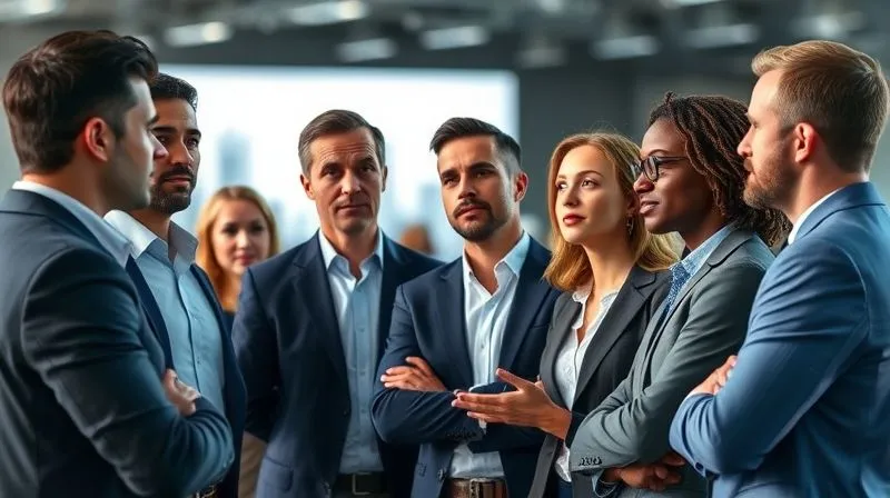 Photorealistic, professional photography, 8K, cinematic lighting, sharp focus, depth of field, shot on a high-end DSLR. A diverse group of real estate professionals (men and women, various ethnicities) engaged in an animated discussion at a modern industry conference, with subtle architectural blueprints or cityscapes in the blurred background. They are dressed in business casual, conveying collaboration and knowledge exchange.