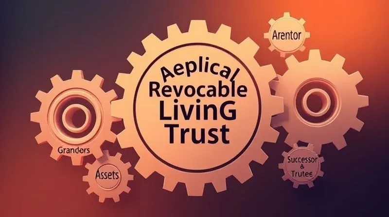 A photorealistic conceptual diagram showing a series of interconnected gears or cogs, with one central gear labeled 'Revocable Living Trust'. Smaller gears around it are labeled 'Assets', 'Grantor', 'Successor Trustee', and 'Beneficiaries', all smoothly interlocking to represent seamless asset management and protection during incapacity. Soft, warm lighting, sharp focus.