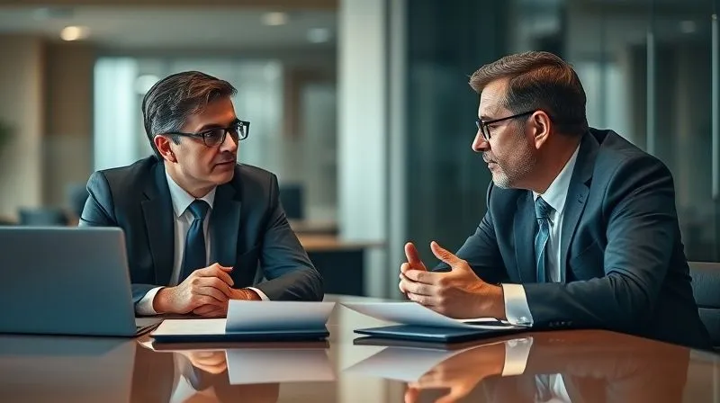 Photorealistic, professional photography, 8K, cinematic lighting, sharp focus, depth of field, shot on a high-end DSLR. Two professionals, one representing a client and the other a creditor, sit at a modern conference table. They are engaged in a serious but constructive negotiation, with documents and laptops in front of them. Their expressions are focused, with subtle gestures indicating active listening and thoughtful consideration. The lighting is balanced and professional, highlighting their interaction. The background is a sophisticated, slightly blurred office interior.
