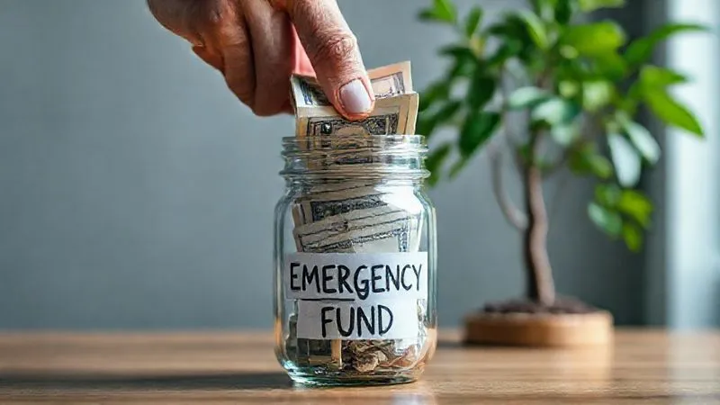 A photorealistic close-up of hands carefully placing a stack of crisp currency notes into a clear glass jar labeled 'Emergency Fund', with a subtle background of a sturdy, growing financial tree. Cinematic lighting highlights the texture of the money, sharp focus, depth of field blurring the background, 8K hyper-detailed, professional photography, shot on a high-end DSLR.