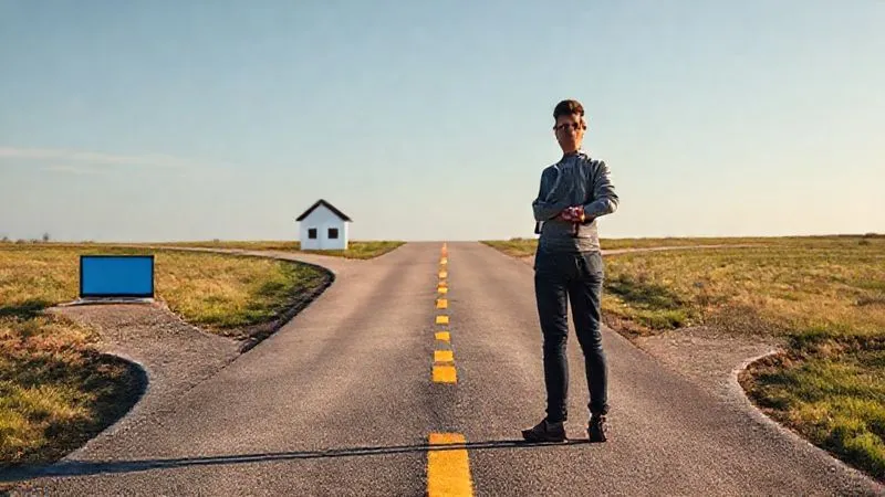 A photorealistic image of a person standing at a crossroads, with multiple paths diverging. Each path is subtly lit and leads to a different symbol: a laptop for freelancing, a house for rental income, a book for royalties, and a stock chart for investments. The person appears confident and prepared, under a clear sky. Cinematic lighting, sharp focus, depth of field blurring the distant paths, 8K hyper-detailed, professional photography, shot on a high-end DSLR.