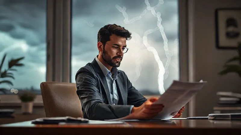 A photorealistic image of a person sitting calmly at a desk, reviewing financial documents, with a serene expression. In the background, subtly blurred through a window, a stormy sky with lightning is visible, symbolizing external economic turbulence. The room is well-lit and organized, conveying control and peace amidst chaos. Cinematic lighting, sharp focus on the person and documents, depth of field blurring the storm, 8K hyper-detailed, professional photography, shot on a high-end DSLR.