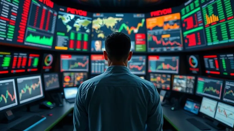 Photorealistic image of a sophisticated financial control room, featuring multiple screens displaying real-time currency exchange rates, liquidity dashboards, and global economic news feeds. A focused financial analyst is at the center, surrounded by glowing data, symbolizing constant vigilance over volatile markets. Professional photography, 8K, cinematic lighting, sharp focus on the analyst and screens, depth of field blurring the background, shot on a high-end DSLR.
