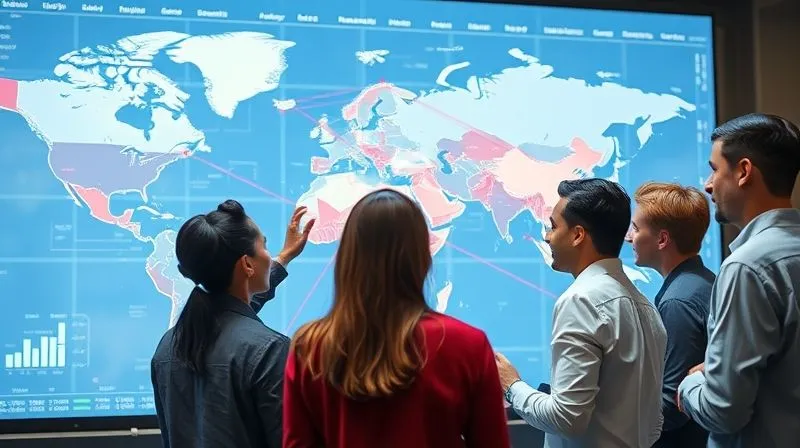 Photorealistic image of a diverse, professional crisis management team intensely gathered around a large digital map displaying interconnected global financial hubs, with red lines indicating potential restrictions. They are collaborating, pointing at data, and strategizing. Professional photography, 8K, cinematic lighting, sharp focus on the team and map, depth of field blurring the background, shot on a high-end DSLR.