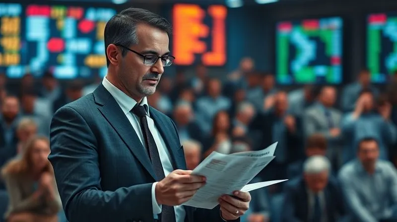 A photorealistic image depicting a lone, disciplined investor calmly reviewing a financial statement, while in the background, a blurred, chaotic crowd of investors is frantically reacting to flickering stock tickers. Professional photography, 8K, cinematic lighting, sharp focus on the calm investor, depth of field blurring the background. Emphasizing contrast between calm and chaos.