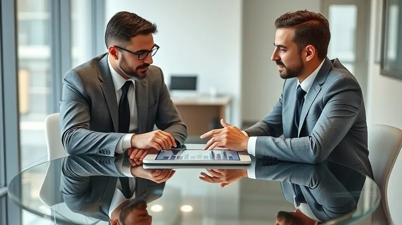 A photorealistic image of two professional individuals, an investor and a financial advisor, sitting across a modern glass table. The advisor is pointing to a clear, simplified financial chart on a tablet, while the investor listens attentively, looking reassured. The background is a clean, contemporary office with natural light, emphasizing trust and clarity. Professional photography, 8K, cinematic lighting, sharp focus on the interaction, depth of field blurring the background.