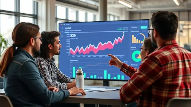 A photorealistic image of a diverse startup team in a modern office, gathered around a large screen displaying financial projections. They are engaged in an open, honest discussion, with one team member pointing to a graph, conveying transparency and collaborative problem-solving. Cinematic lighting, sharp focus on the team and screen, depth of field blurring the office background. 8K hyper-detailed, professional photography, shot on a high-end DSLR.