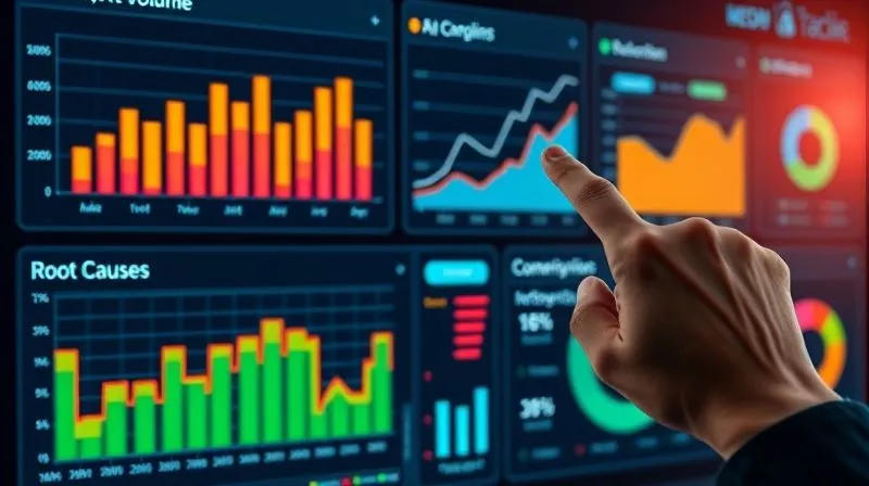 A photorealistic, professional photography, 8K, cinematic lighting, sharp focus, depth of field. Image of a complex, interactive digital dashboard displaying various complaint management KPIs: bar charts for complaint volume by category, line graphs for resolution times, and pie charts for root causes. The data is clear, colorful, and actionable, with a hand pointing to a rising trend, signifying proactive monitoring.