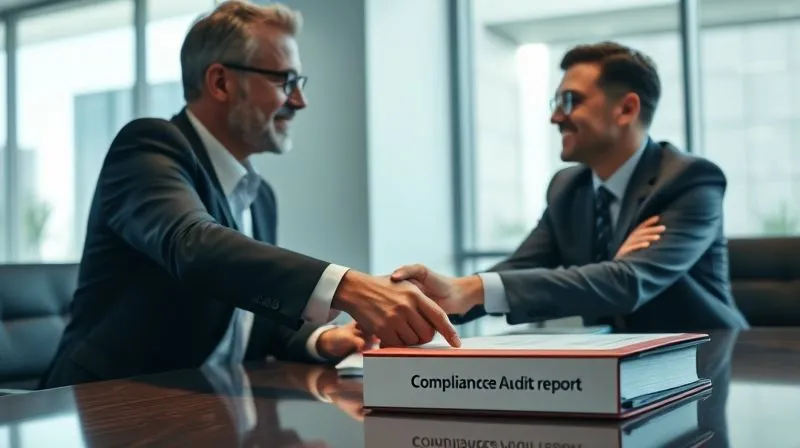A photorealistic, professional photography, 8K, cinematic lighting, sharp focus, depth of field. Image of a handshake between a financial institution executive and an external auditor, signifying collaboration and trust in a modern, well-lit conference room. A binder labeled 'Compliance Audit Report' is visible on the table, emphasizing thoroughness and independent review.