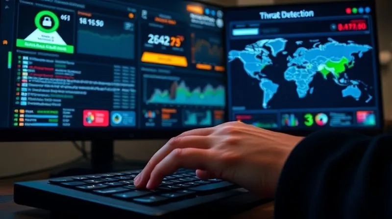 photorealistic, professional photography, 8K, cinematic lighting, sharp focus, depth of field, shot on a high-end DSLR. A professional-looking cybersecurity dashboard on a large monitor, displaying real-time threat detection, data analytics, and a map of active scam attempts. In the foreground, a person's hands are typing on a keyboard, with a focused expression. The overall impression is one of proactive, continuous monitoring and defense against digital threats, symbolizing vigilance in preventing financial fraud.