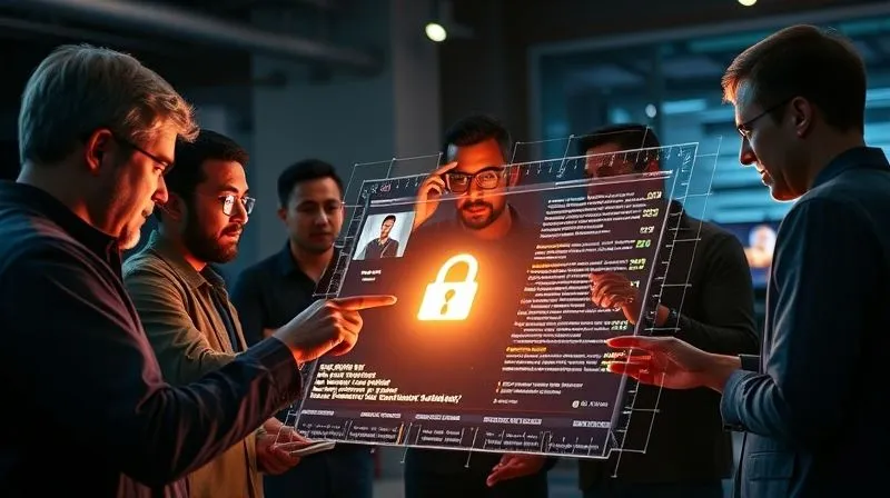 A photorealistic, professional photography, 8K, cinematic lighting, sharp focus, depth of field, shot on a high-end DSLR, depicting a diverse group of developers and security experts collaborating around a glowing holographic smart contract, with one person pointing to a potential vulnerability on the display, conveying education, teamwork, and proactive problem-solving.