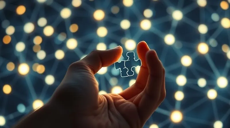 A photorealistic, professional photography, 8K, cinematic lighting, sharp focus, depth of field, shot on a high-end DSLR, showing a network of glowing nodes connected by secure, encrypted lines, forming a complex, resilient structure. In the foreground, a human hand (out of focus) is carefully placing the final piece of a digital puzzle. The mood is one of meticulous construction and robust security.
