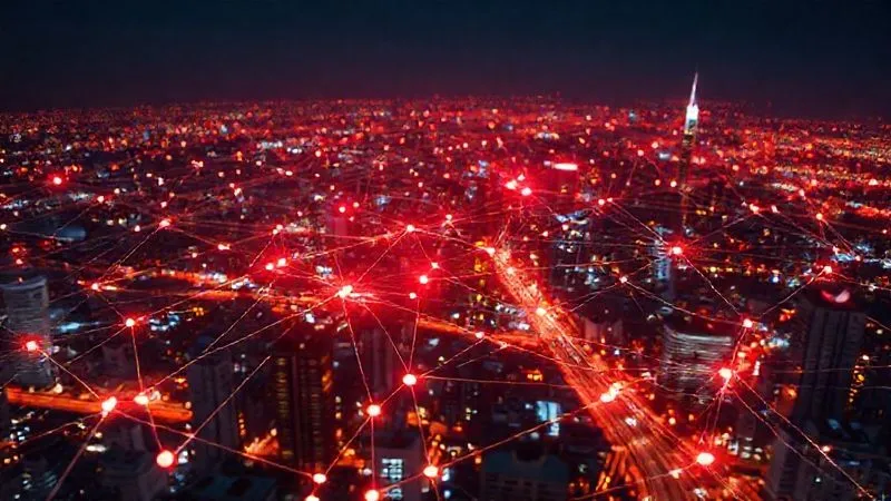 A photorealistic, professional photography, 8K image showing a complex, glowing digital network overlaying a cityscape, with several nodes highlighted in red, indicating vulnerabilities or points of attack. Cinematic lighting, sharp focus on the network, depth of field, shot on a high-end DSLR, conveying the intricate and vulnerable nature of interconnected digital systems.