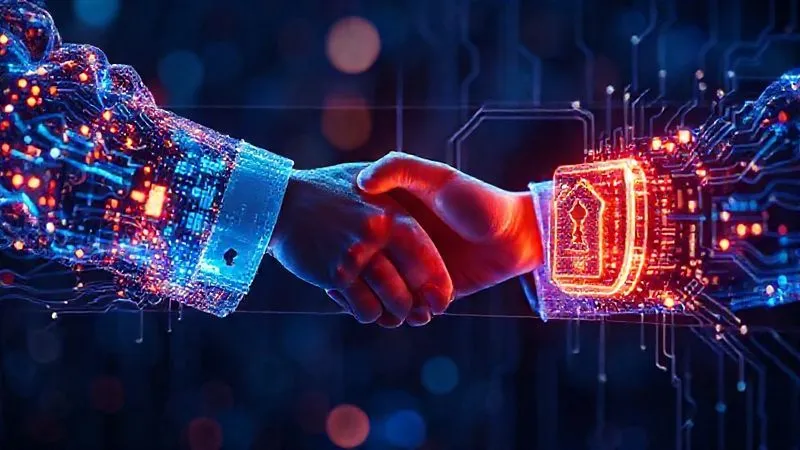 A photorealistic, professional photography, 8K image showing two digital entities, represented by abstract glowing data structures, engaging in a secure handshake, with a transparent, intricate security barrier visually separating them. Cinematic lighting, sharp focus on the handshake and barrier, depth of field, shot on a high-end DSLR, conveying secure third-party integration.