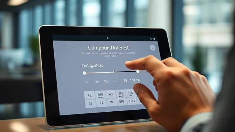 A photorealistic close-up of a tablet screen displaying an interactive financial literacy app. The app shows a colorful, animated infographic explaining compound interest, with a slider allowing the user to adjust variables. A hand is gently tapping the screen. Cinematic lighting, sharp focus on the tablet, depth of field blurring a modern office background. Professional photography, 8K hyper-detailed, shot on a high-end DSLR.
